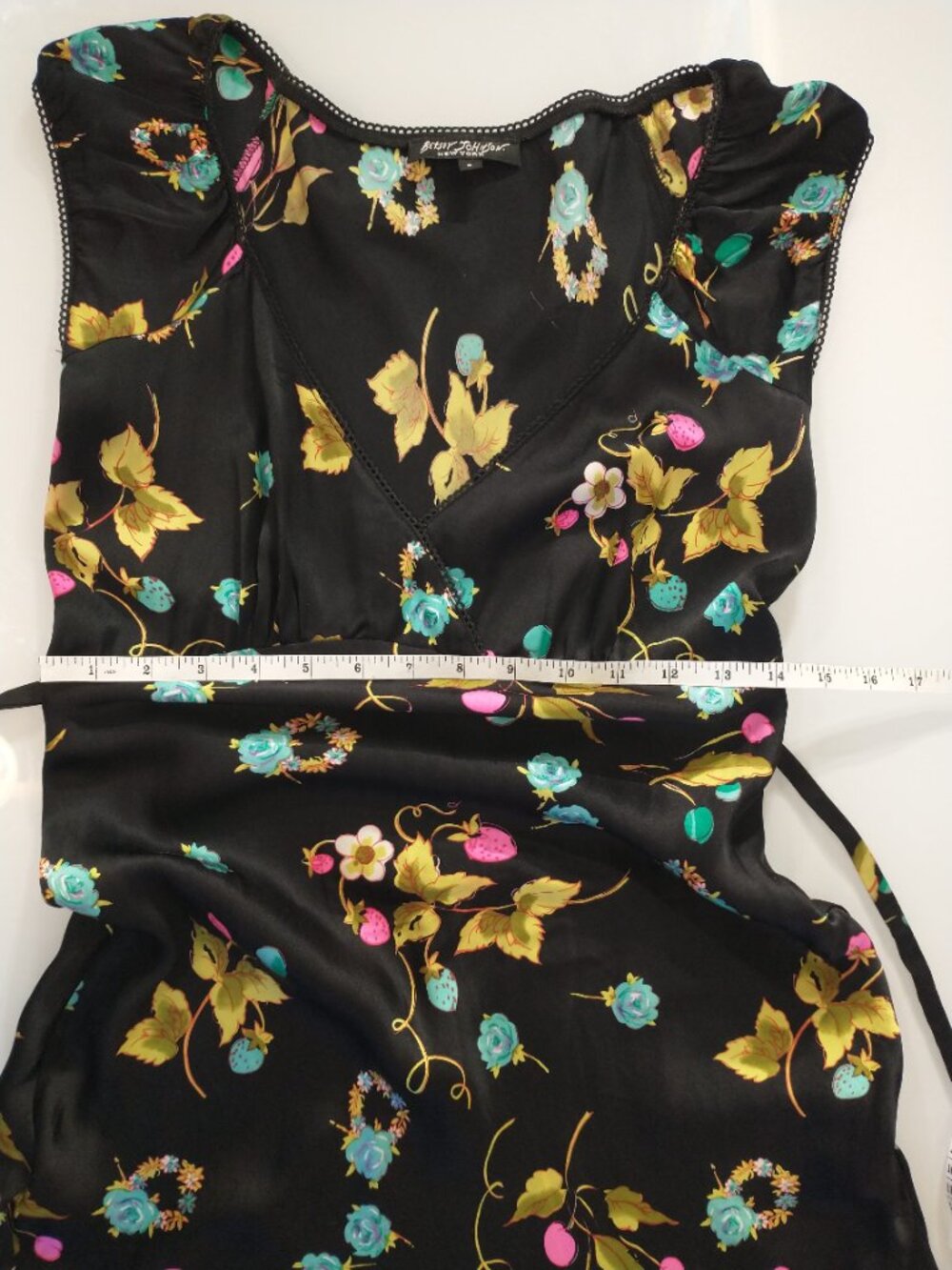 VTG 90s Betsey Johnson Black Silk Cherry Strawberry Floral Fruit Slip Midi Dress - Picture 14 of 16